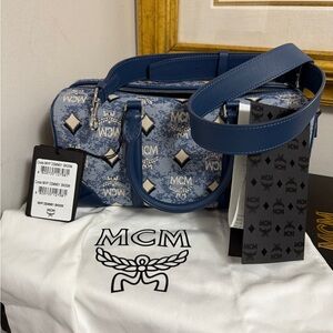 MCM Denim Blue Monogram Satchel Boston bag